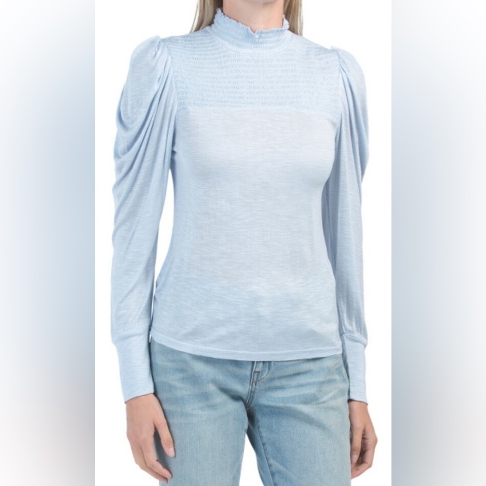 7 for All Mankind Women's Long Sleeve Smocked Mock Neck Top Pale Blue Size XS